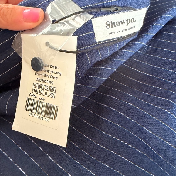 Showpo Navy midi Pinstripe Long Sleeve fitted Dress - Picture 3 of 4